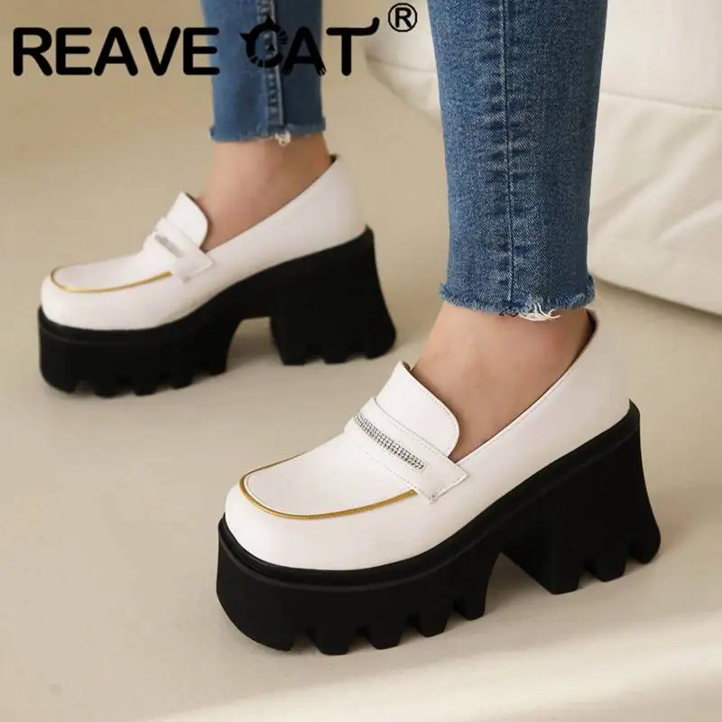 

REAVE CAT Women Pumps Square Toe Thick Heel 8cm Platform Hill 4.5cm Slip On Loafers Leisure Female Daily Shoes Big Size 41 42 43