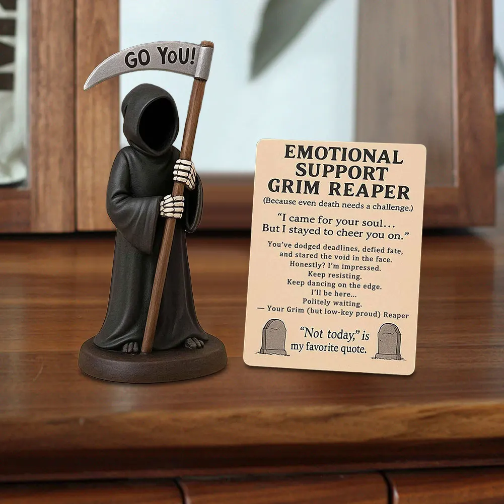 Emotional Support Grim Reaper Figurine with Support Card Resin Gothic The Death God Statue Desktop Ornament Halloween Decoration