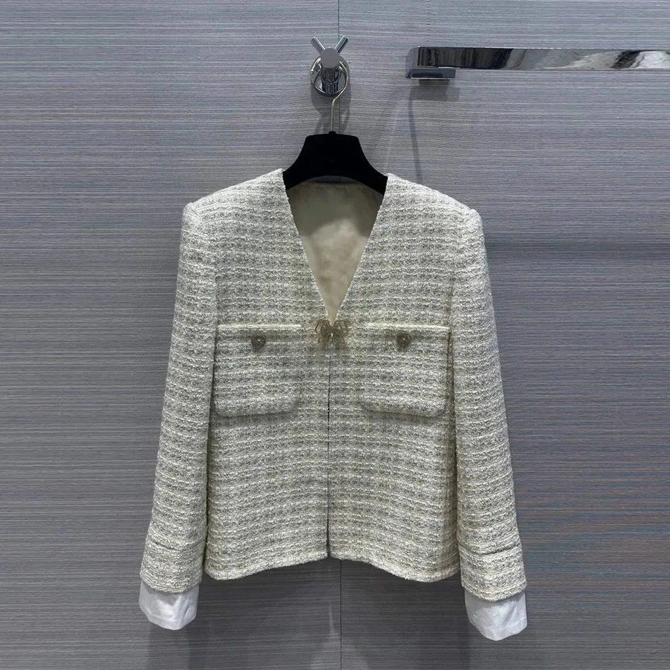 

Fashion Beige Plaid Woven Tweed Jacket Women V-neck Diamonds Butterfly Brooch ong Sleeve Pockets Sweet Vintage Slim Coat