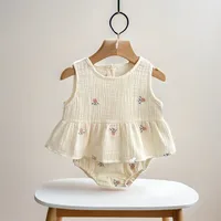 Ins Summer Baby Girls 2pcs Clothing Set Cotton Plaid Ruffle Sleeveless Tops Flower Embroidery PP Shorts Suit Infant Girl Outfit