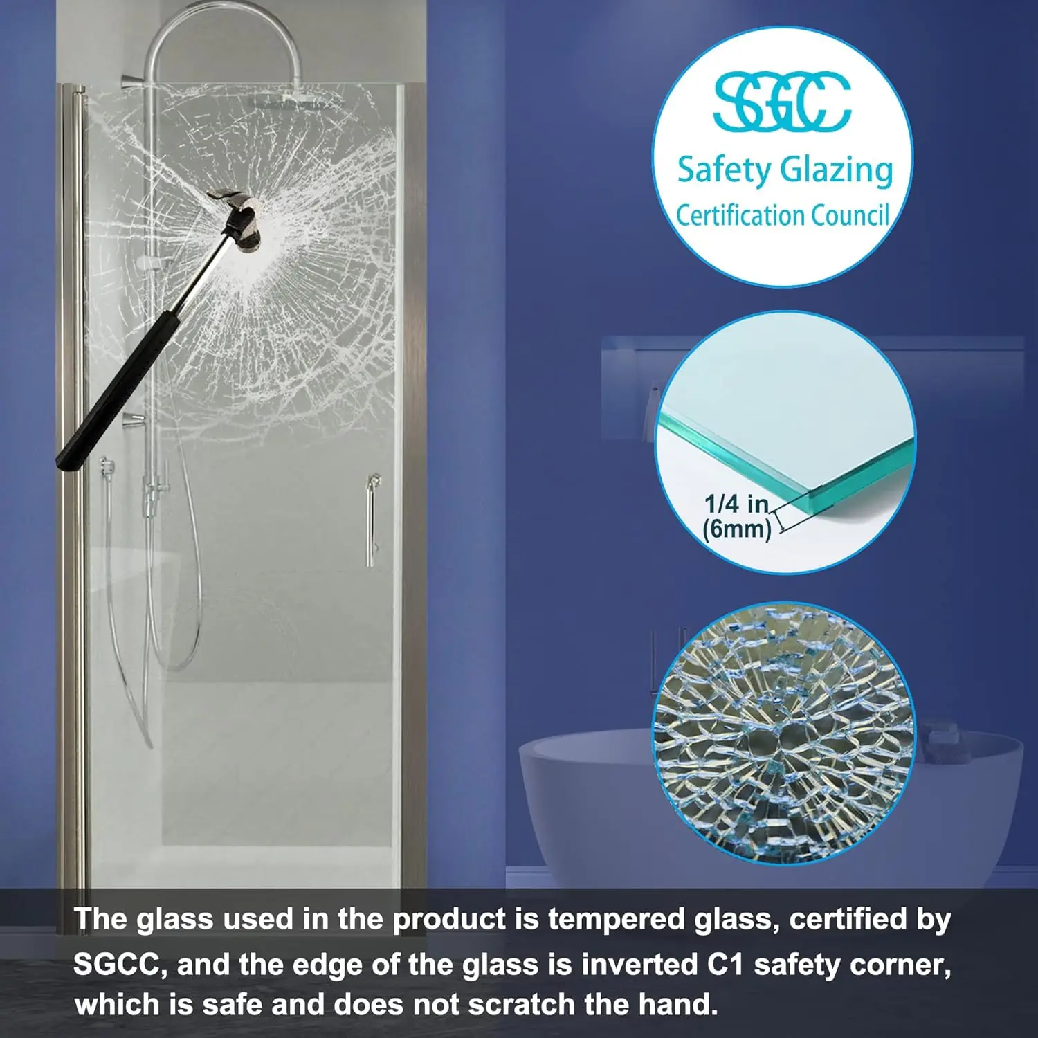Pivot Swing Shower Door,32-33.5" W x 72" H ,1/4 in Thick Clear Tempered Glass, Glass Shower Doors Can Be Reversible Installation 2