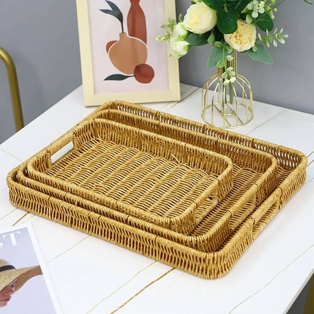Food Plate Handwoven Plastic Rattan Storage Tray Round Shape Fruit Vegetable Cake Imitation Wicker Rattan Threads Basket