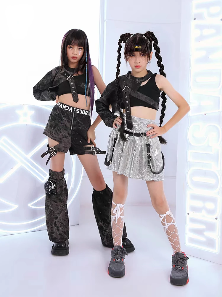 Kids Jazz Hip-Hop Dance Performance Costumes One-Sleeve Tops Silver Skirt Girls Stage Outfit Rave Modern Street Dance Clothes