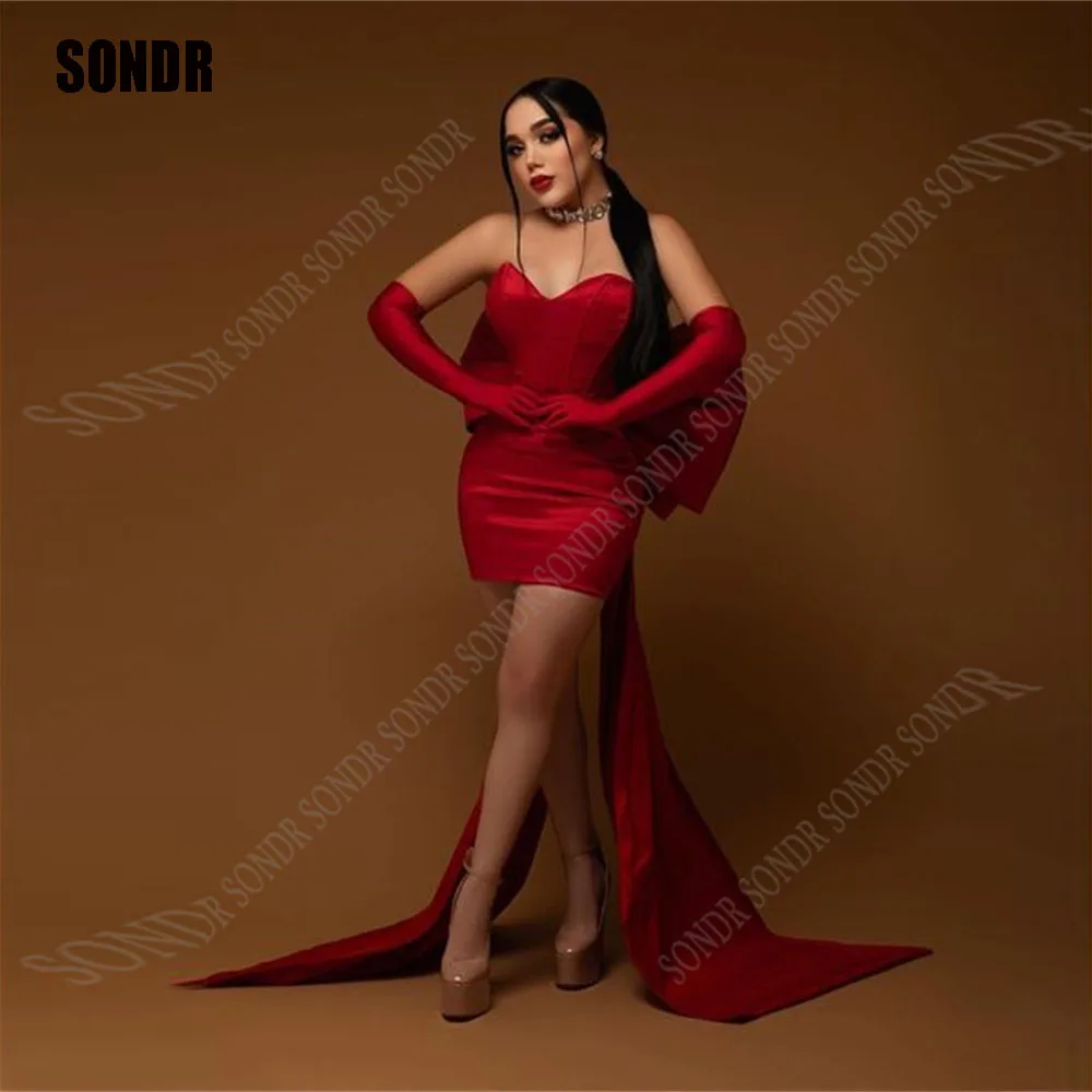 

SONDR Simple Baby Red Satin Short Prom Dresses Sleeveless Bow Back Sweetheart No Glove Evening Gowns Formal Night Party Dress