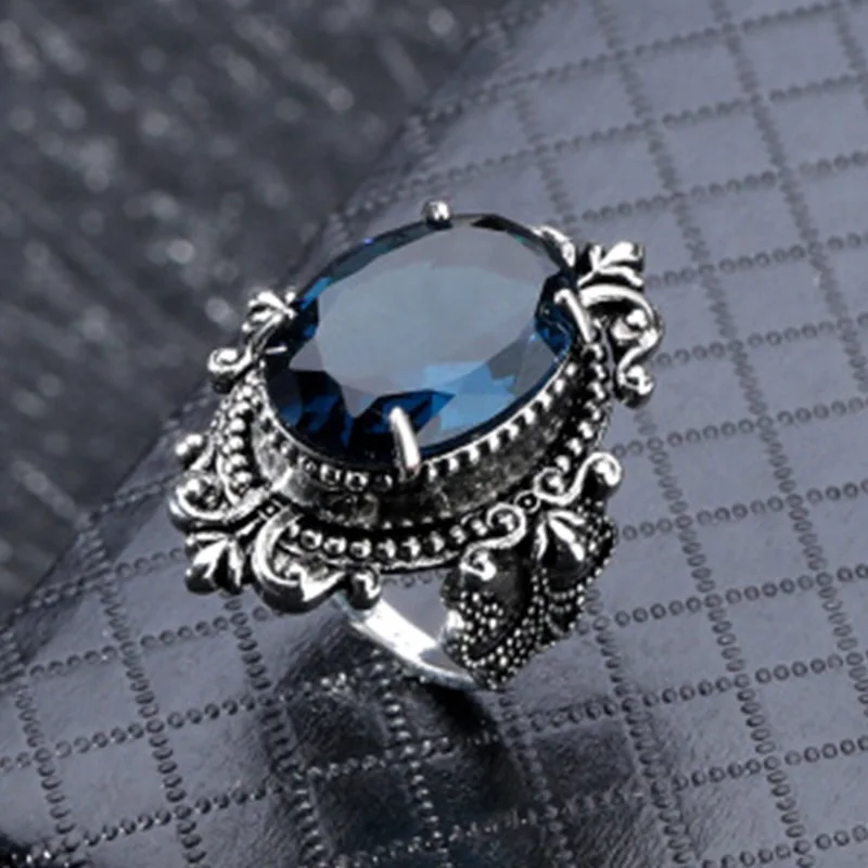 Classic Sea Blue Crystal Ring For Women European and American Vintage Thai Silver Color Oval Hand Jewelry Accessories finger ring silver ring jewelry accessories