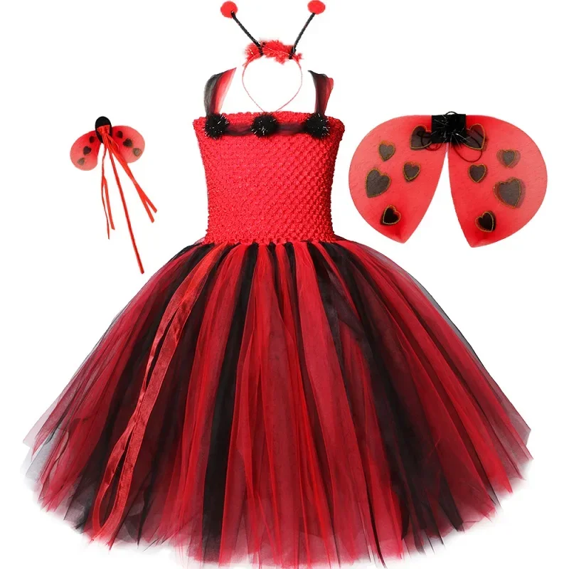 Vestido de tul con tutú de mariquita para niñas, vestido elegante para fiesta de cumpleaños, disfraz de mariquita, insecto, Halloween, ropa para niños