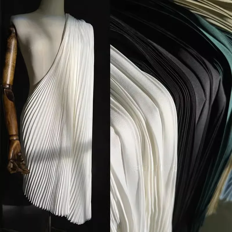 Twill Pleated Fabric Designer Cloth for Sewing Clothing Skirts Decorative Breathable Comfortable Polyester Textile White Black
