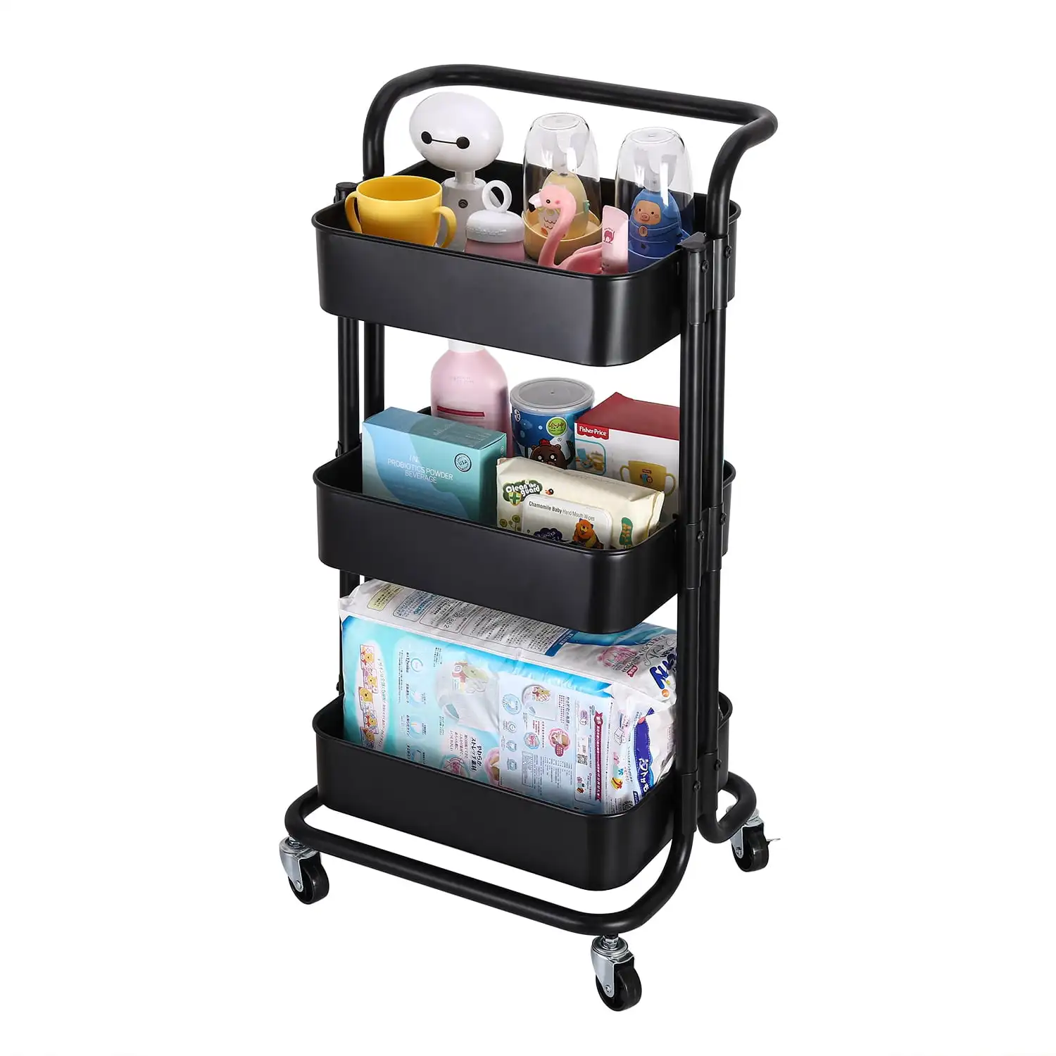 

Ollieroo 3-Tier Metal Rolling Utility Cart Multi-function Organizer Shelf with Wheels Trolley Cart, Black