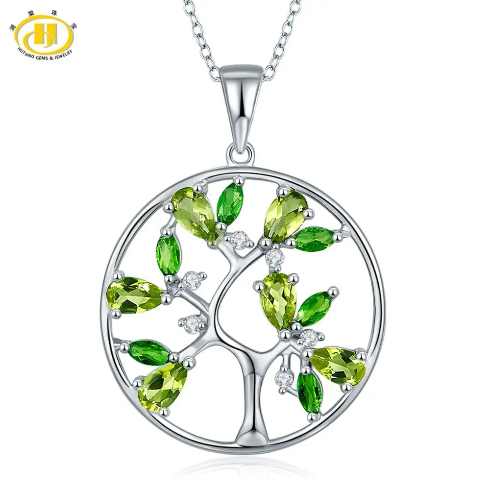 925 Sterling Silver Chain Peridot Tree Pendant Diopside Gemstone Classic Style Fine Jewelry for Women's Birthday Gift