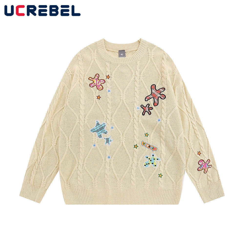 

Patch Embroidery Loose Knitted Sweater Mens Streetwear Jacquard Crew Neck Long Sleeve Pullover Men