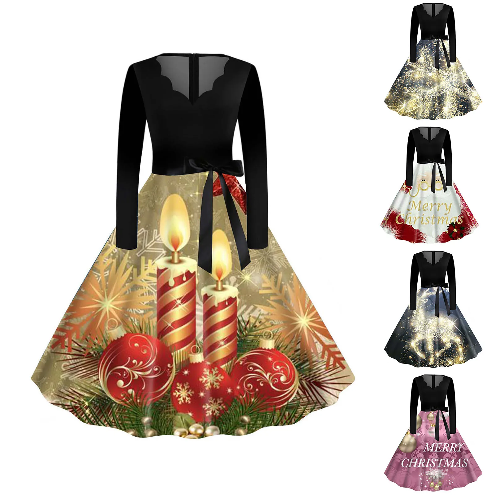 

Women Christmas Vintage Dresses Santa Snowflake Print Swing Skirt 50s A Line Flare Lace Dress To Tie Dress Women Midi