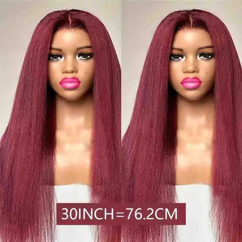 Burgundy Yaki Straight Wig Pre Plucked With Baby Hair 13x4 Lace Front Wigs Human Hair 99J Color Kinky Straight Human Wig