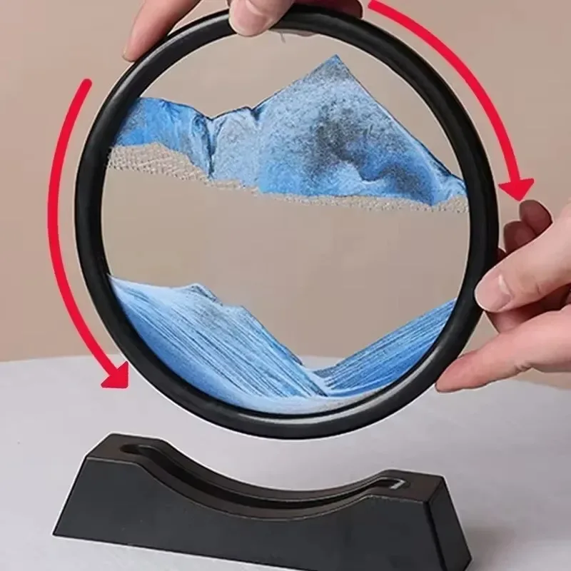 3D Moving Sand Art Picture Round Glass Deep Sea Sandscape Hourglass Quicksand Craft Flowing Painting Office Home Decor Gift 7in