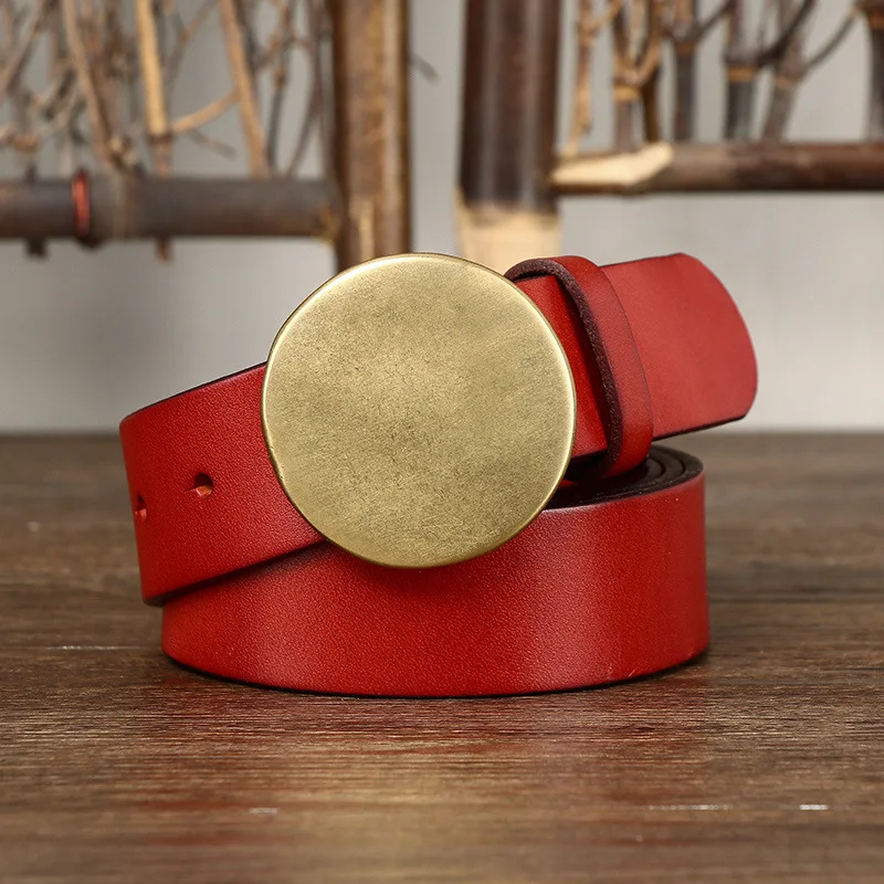 3.3 Wide Pure Cowhide Genuine Leather for Men's High Quality Jeans Smooth Round Buckle Brass Buckle Belts Cowboy Waistband Male
