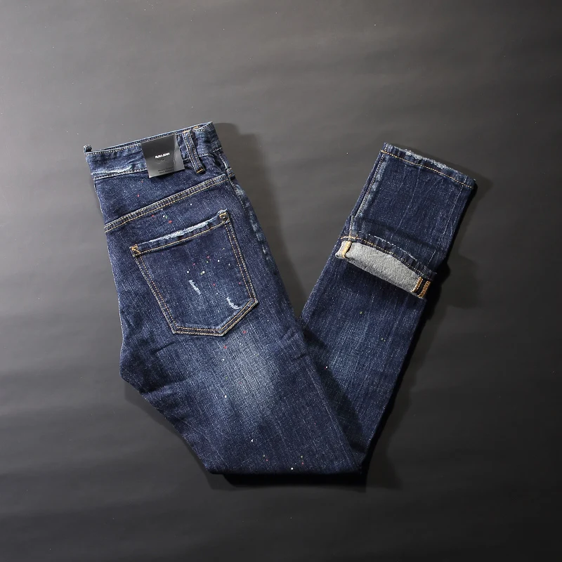 

Street Style Fashion Men Jeans Retro Blue Elastic Slim Fit Frayed Scratch Ripped Jeans Men Vintage Designer Casual Denim Pants