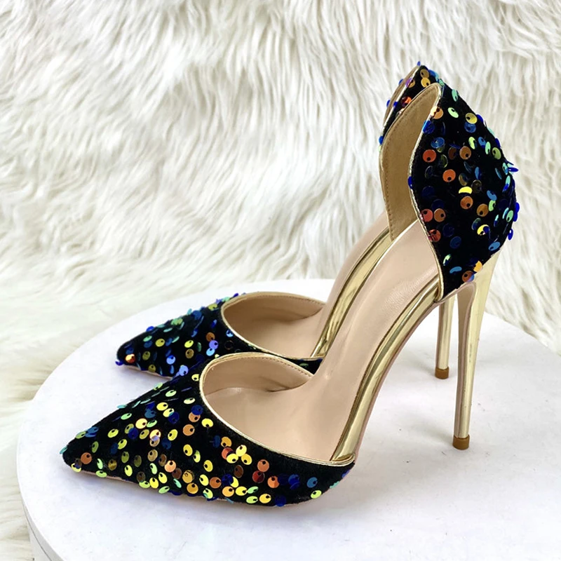 

Bling sequin design stilettos pointed toe hollow 12cm 10cm 8cm high heels sparkly party wedding sexy dating pumps LF022 ROVICIYA