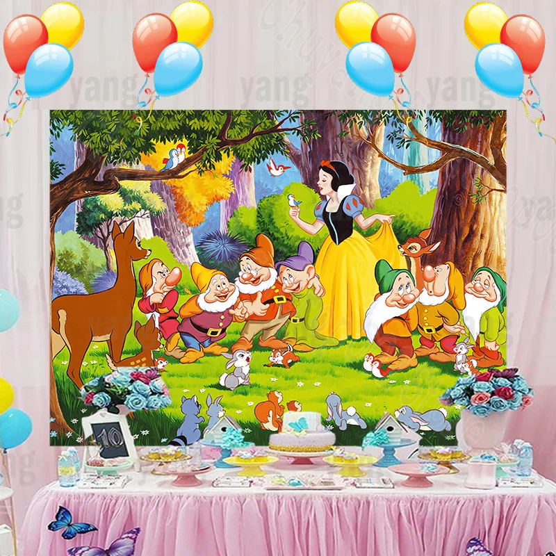 Disney Neve Branca Princesa Sete Anões Feliz Aniversário Festa Foto Pano de Fundo dos Desenhos Animados Decoração Floresta Fundos Personalizados Banner - Image 6