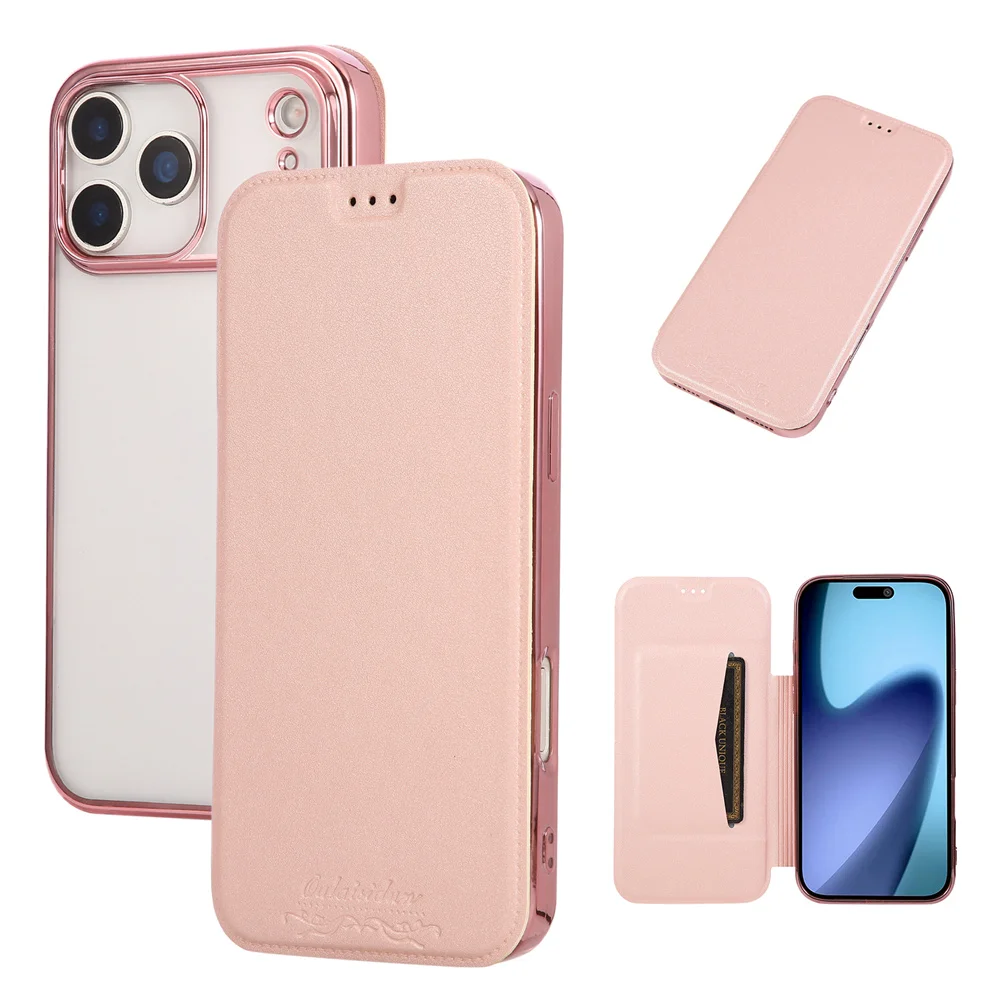 Luxuriöse transparente Flip-Lederhülle mit Kartenfächern für iPhone 18 16 17 Pro Max 14 15 13 12, plattierte weiche Silikonhülle