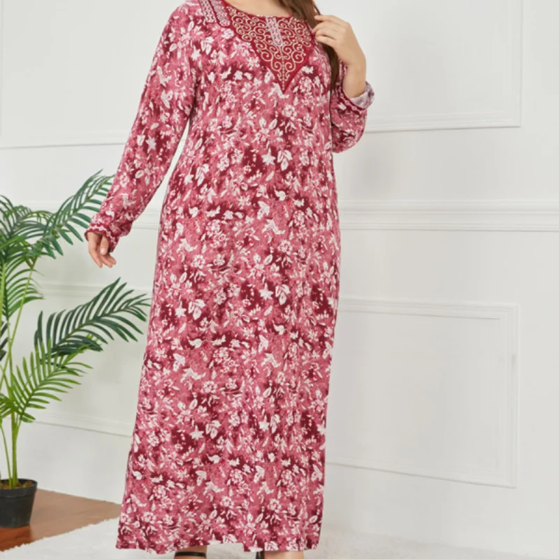 

Large Size Women's Temperament Embroidered Long Sleeve Printed Dress Long Skirt