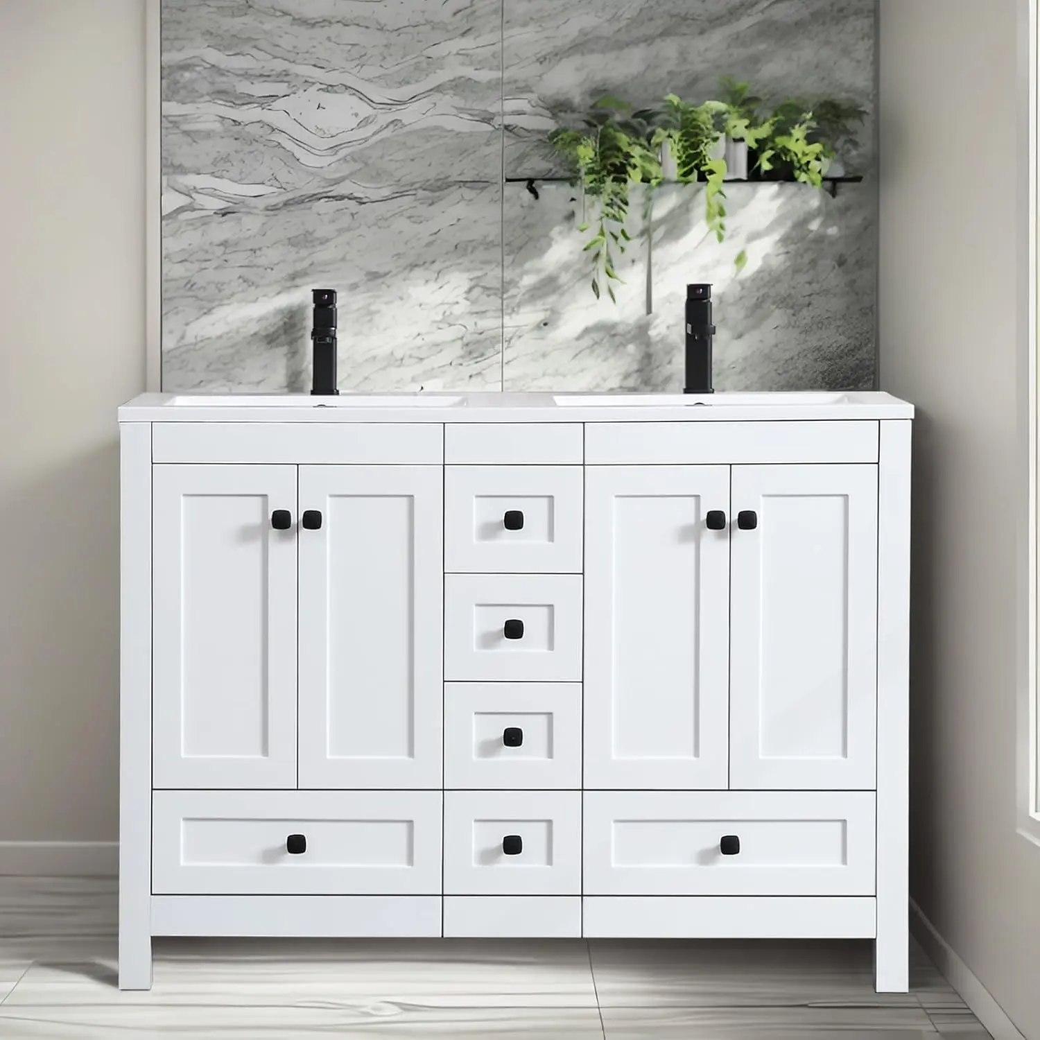 48" Bathroom Vanities Cabinet with Sink Combo Set, Undermount Double Resin Sink w/Thickened Wood, Matte Black Faucet 3