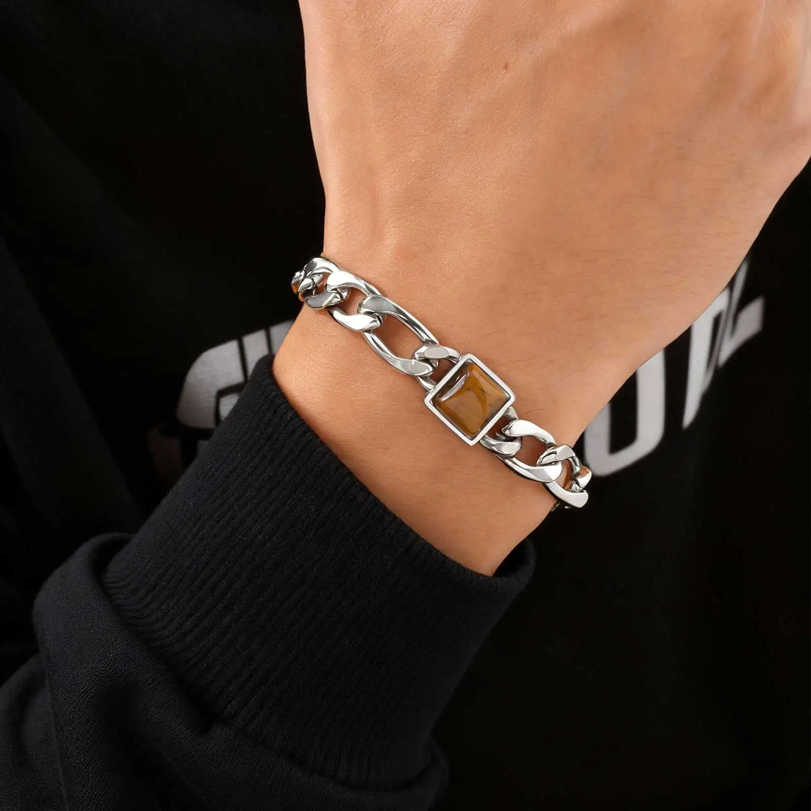 Stilvolle Tigerauge-Stein-Kettenarmbänder für Männer, verstellbares Kettenarmband aus Edelstahl, einfaches Persönlichkeits-Schmuckgeschenk