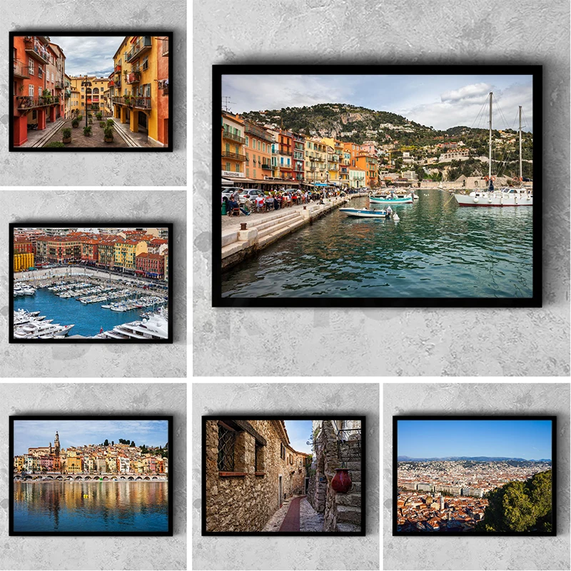 Poster Di Tela Di Paesaggio Della Costa Azzurra Bellissimi Edifici E Immagini Di Arte Della Parete Del Mare Per La Decorazione Domestica Moderna Della