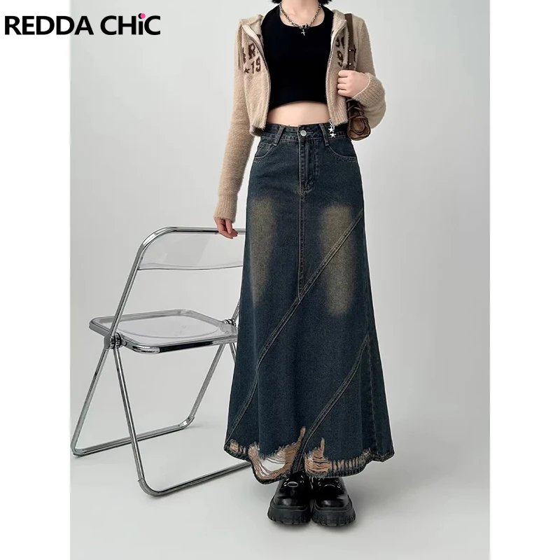 

ReddaChic Vintage Blue Ripped Denim Maxi Skirt Women Distressed High Waist Y2k Loose Casual Destroyed Holes Long Jeans Skirt