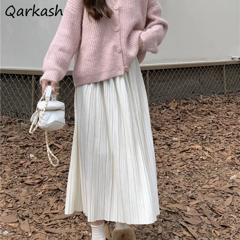 

Pleated Skirts Women Baggy Autunm High Waist Temperament A-line French Vintage All-match Female Ulzzang Fashion Simple Bottoms