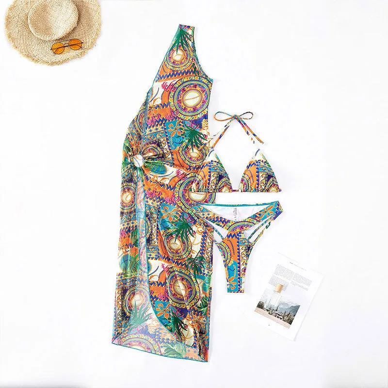 Color Patchwork Women Bikini 3 Piece Set 2023 Summer Beach Bathing Suit with High Slit Long Maxi Dress Holiday Swimming Suit