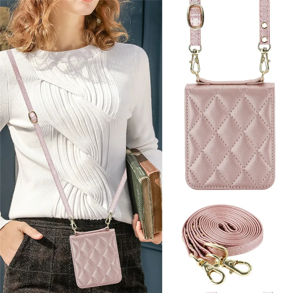 Crossbody Lanyard Leather Zipper Wallet Card Phone Case for Samsung Galaxy Z Flip 5 4 3 Flip5 Flip4 Flip3 Wrist Rope Stand Cover