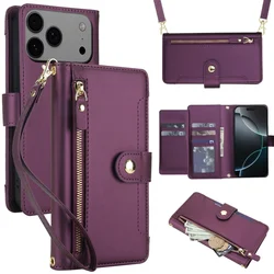 Crossbody Leather Wallet Phone Case with Zipper Flip Card Holder Cover - iPhone 15 Plus (Deep Purple)
