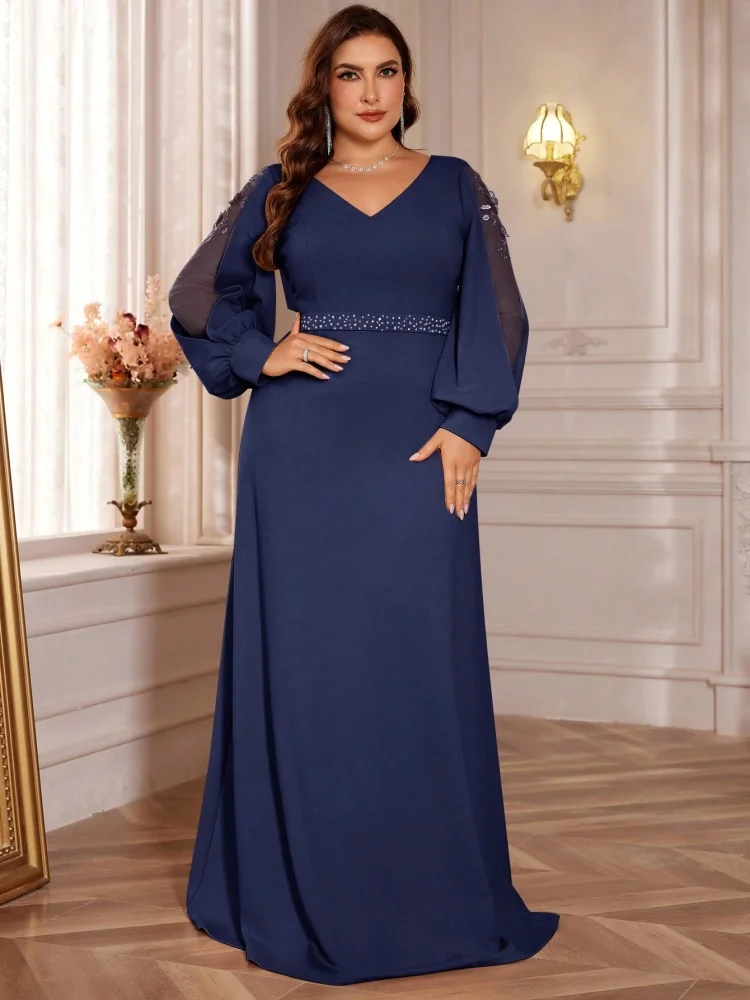 Plus Size Elegant Sequin Blue Evening Dress 2025 Women Formal Maxi Prom Long Sleeves Party Dress Luxury Cocktail Bridesmaid Gown