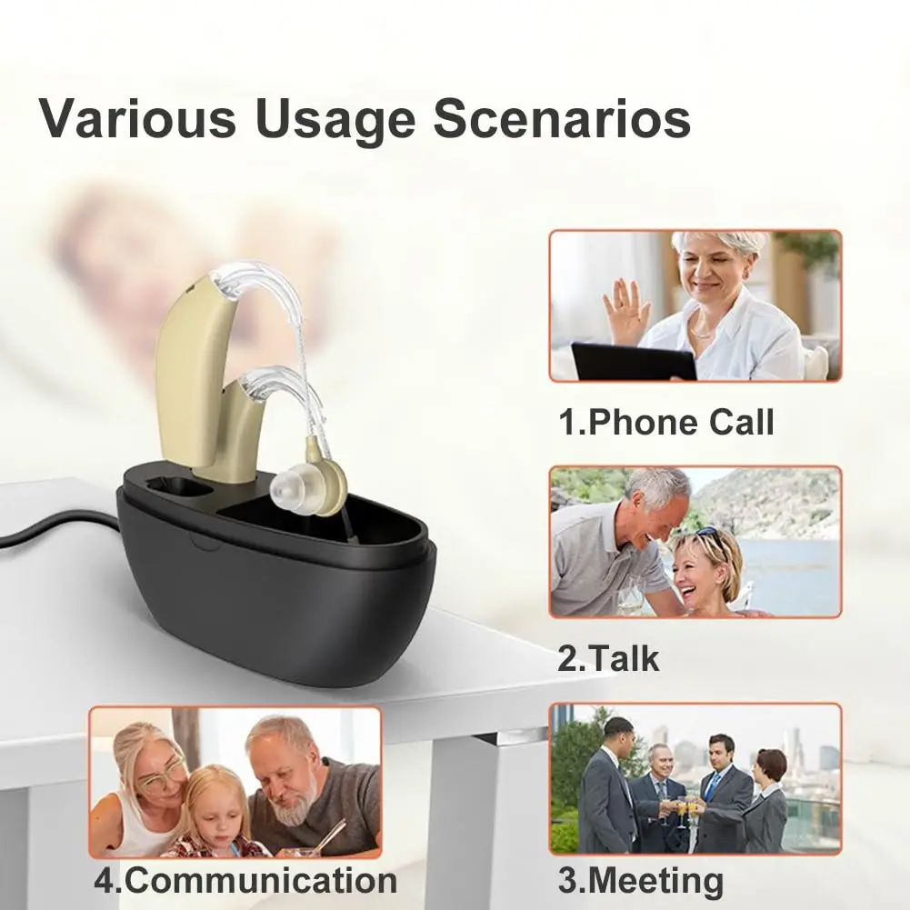 Hearing aid, rechargeable for seniors, noise reduction, 5-level volume adjustment, clear sound, with charging case 5