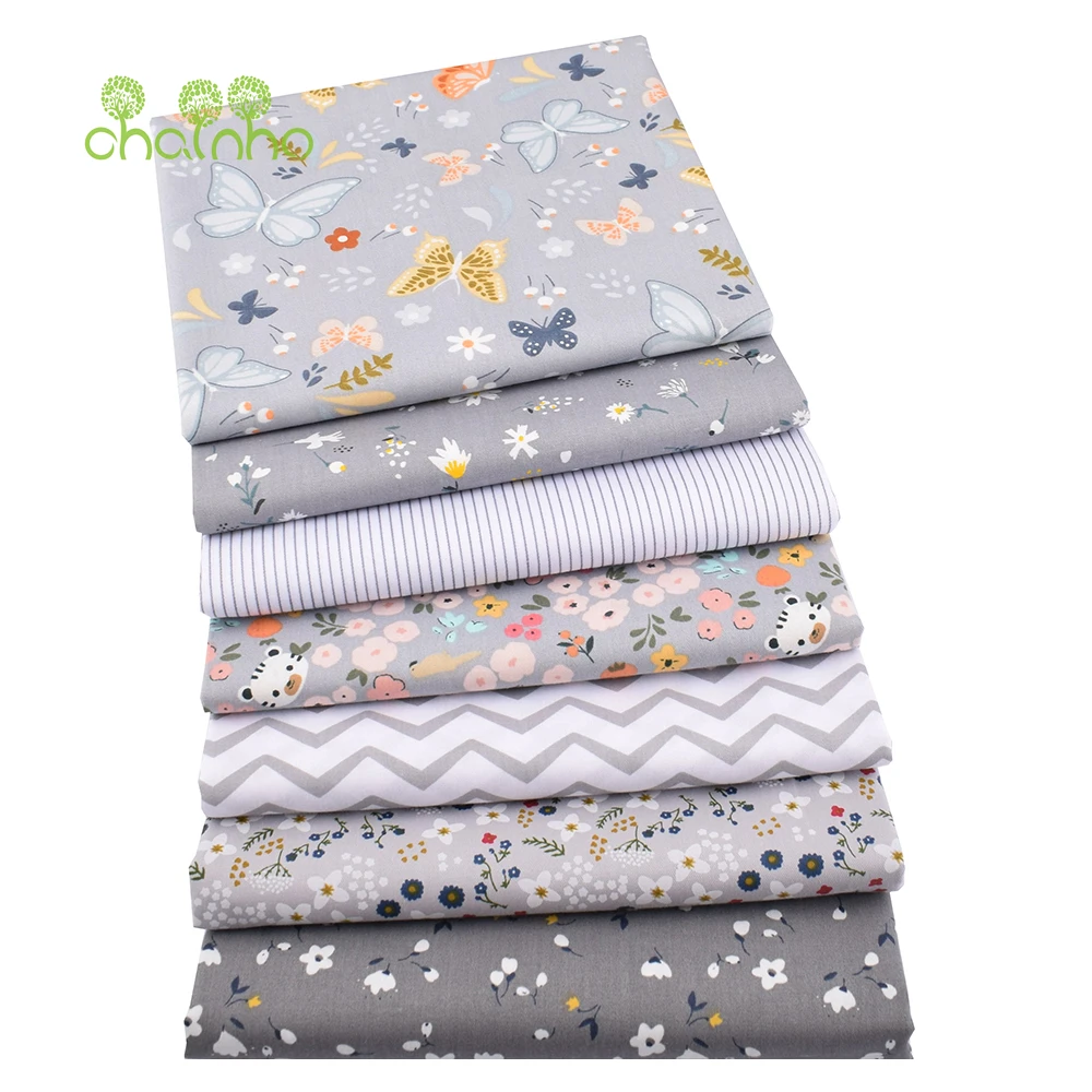 Chainho,Printed Twill Cotton Fabric,Gray Floral Series,Patchwork Cloth For DIY Sewing Quilting Baby &Children's Bedding Material