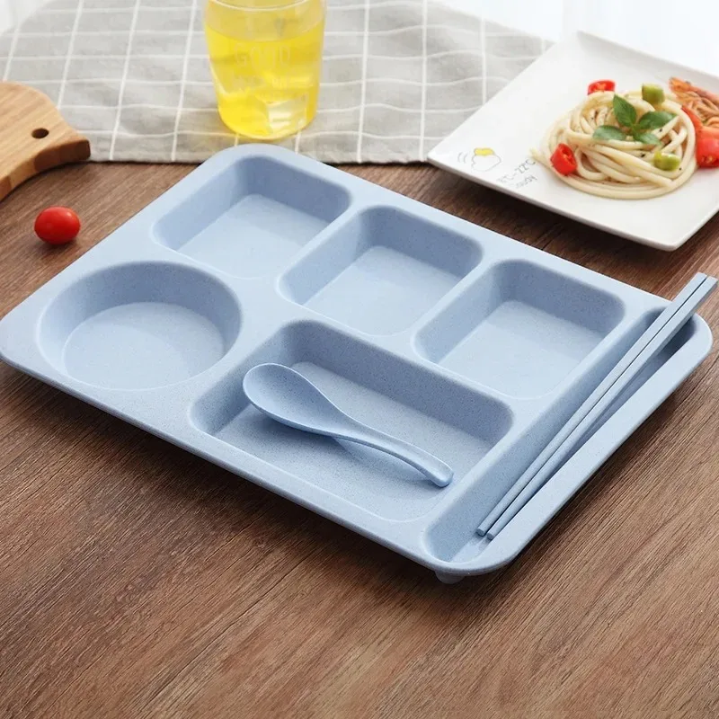 Wheat Straw Restaurant Dining Tray Split Plate Home Dining Tray Adult Fast Food School Hotel Large Capacity Five-grid