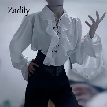 2026 Women's Victorian Gothic Blouse Ruffled Lace Up Shirt Long Sleeve Vintage Renaissance Style Top Cosplay Costume Party Wear 1