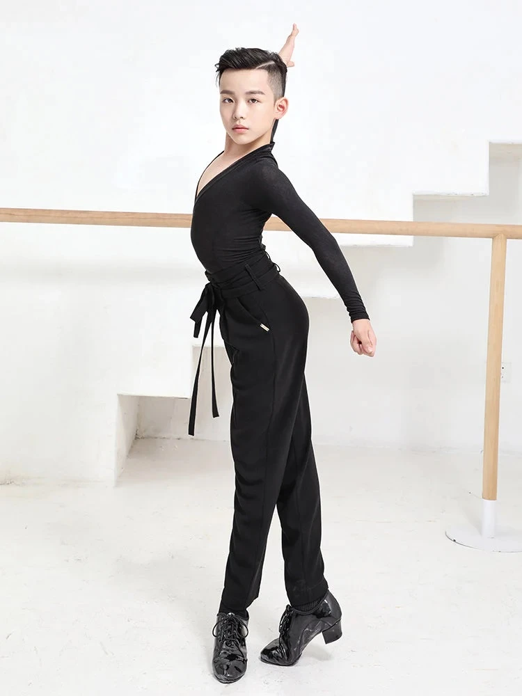ZYM Boy's Latin Dance Pants with Belt Black Latin Ballroom Performance