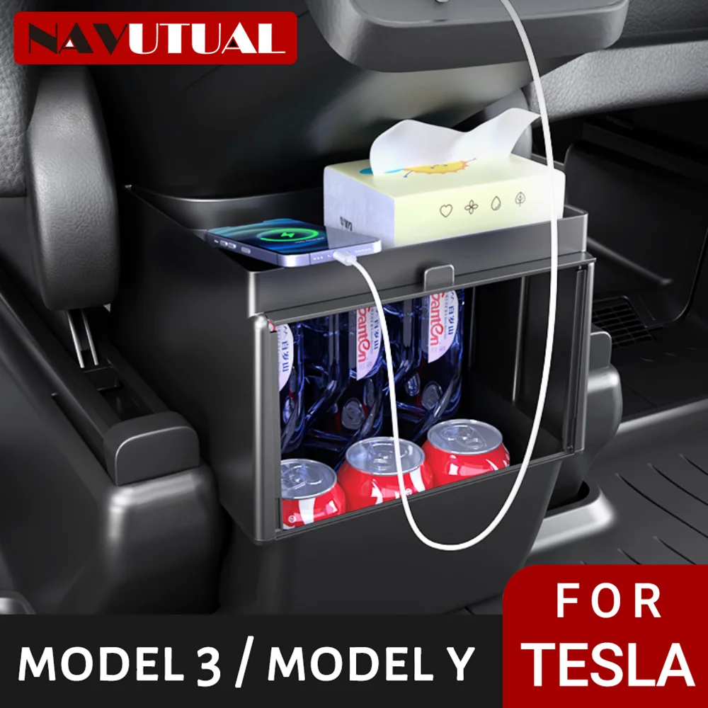 

For Tesla Model Y 2023-2020 Storage Bin Box Organizer with Cover, Washable 2nd Row Middle Air Outlet Storage Box Trash Can