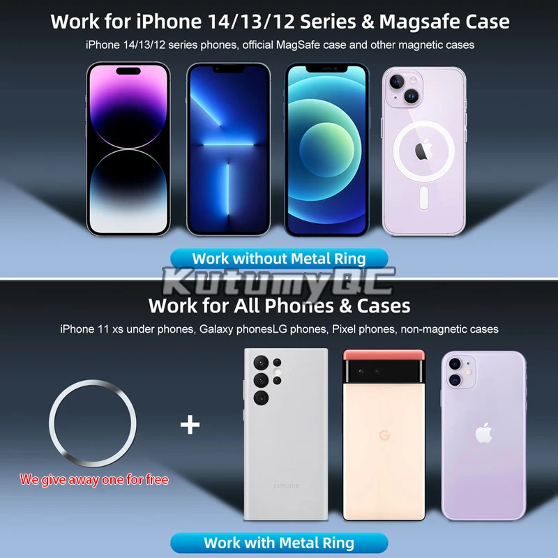 iPhone 12 13 14 시리즈와 호환되는 자기 KutumyQC 휴대폰 링 홀더 MagSafe 탈착식 휴대폰 그립 킥스탠드
