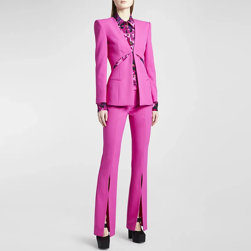 

Fashion pants set for women, hollow out collarless suit jacket, slim fitting slit pants, high-quality commuting two-piece set