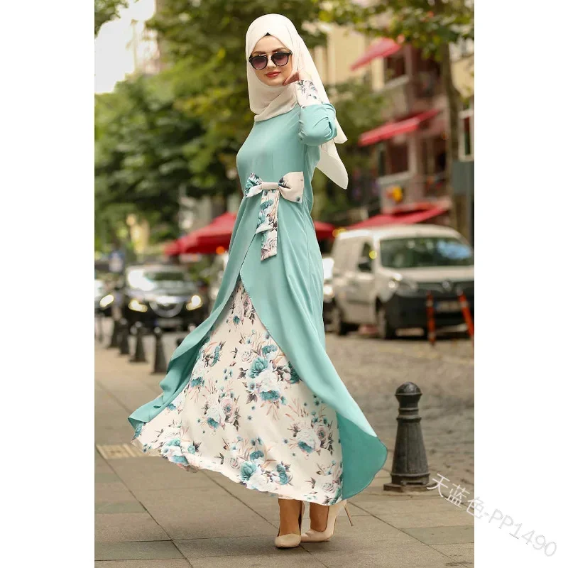 WEPBEL Muslim Dress Women O Neck Full Sleeve Casual Autumn Floral Bow Abaya Islamic Lady Elegant Maxi Dresses