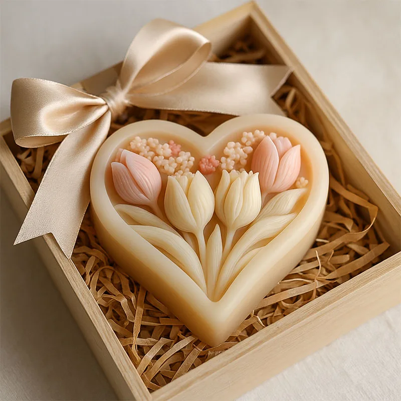 3D heart-shaped tulip silicone mold with clear texture easy to clean and demould for handmade DIY soap decoration ornaments