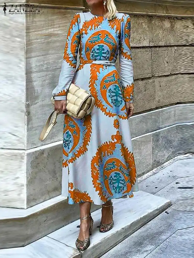 

Платье ZANZEA женское средней длины с круглым вырезом, модное элегантное праздничное платье-трапеция с поясом и винтажным принтом, с длинным рукавом, осень