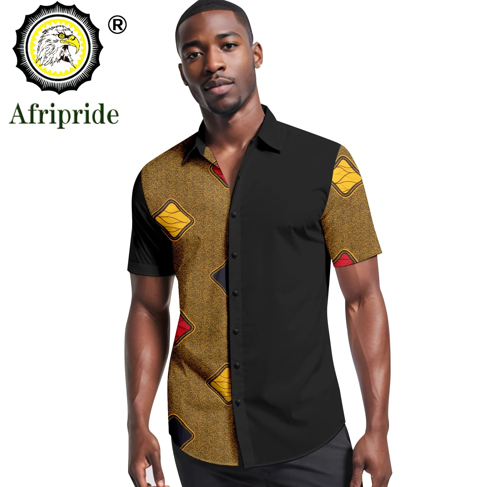 Men Bazin Riche African Print Shirts Short Sleeve V-neck Plus Size Dashiki Tops A2312005