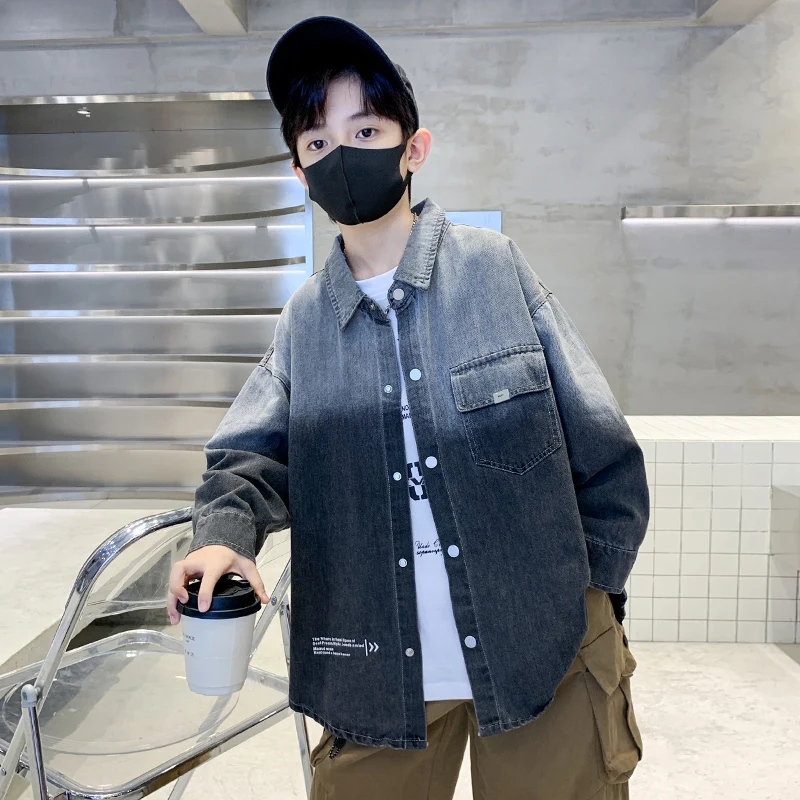 루즈 스타일 그레이 그라데이션 데님 셔츠, 소년 캐주얼 긴팔 블라우스, 십대 어린이 패션 용수철 의류, 겉옷 5-14Y