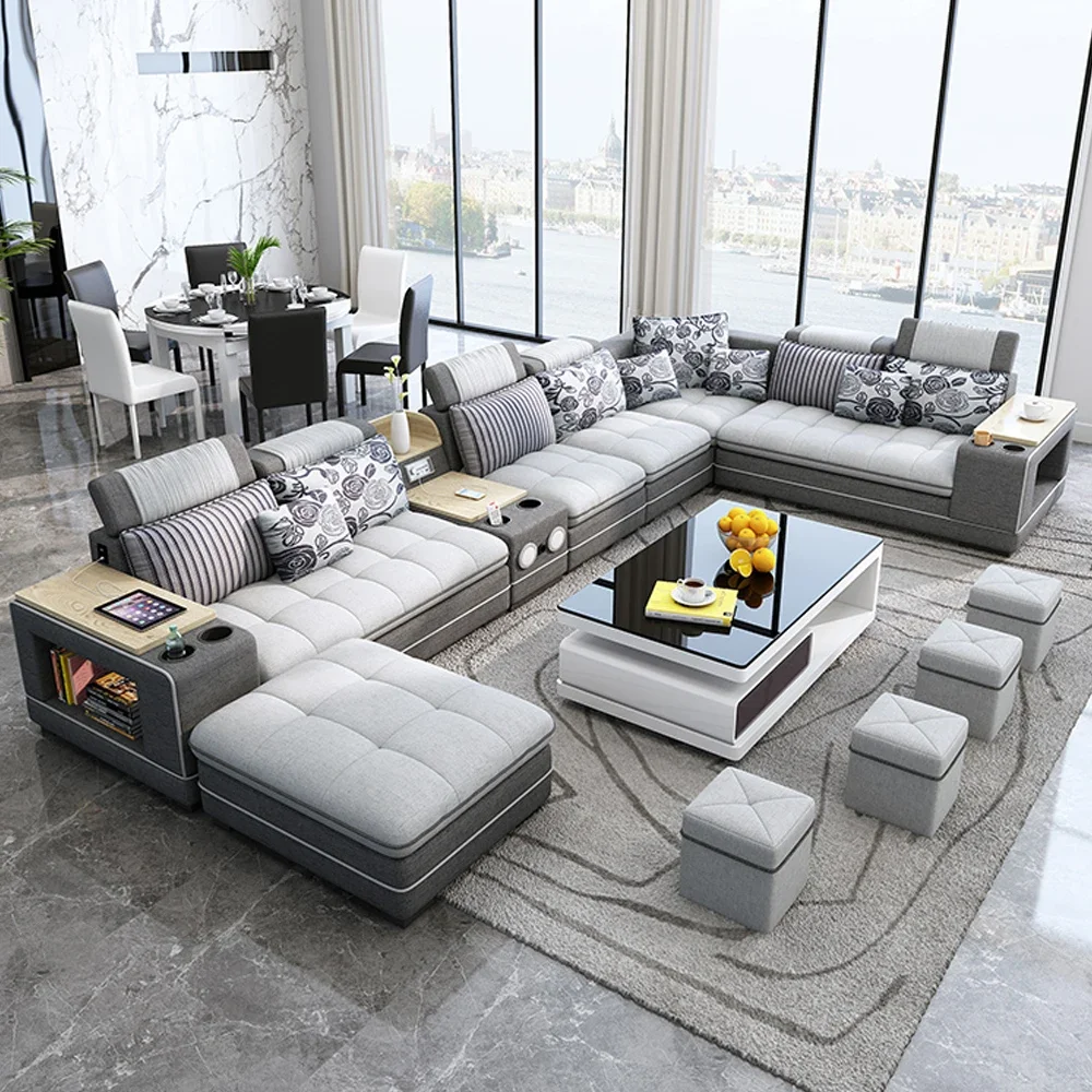 

MANBAS Modern Fabric Sofa Set with Bluetooth Speaker Sound System Living Room Sofas Big U Shape Corner Cloth Couch with Stools