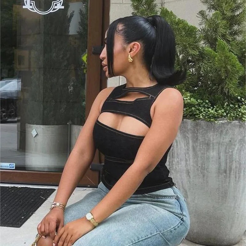 Hot Girl Hollow out Imitation Denim Vest Top Women's Faion Summer 2024  Color Regular Fit Svel Tank Top