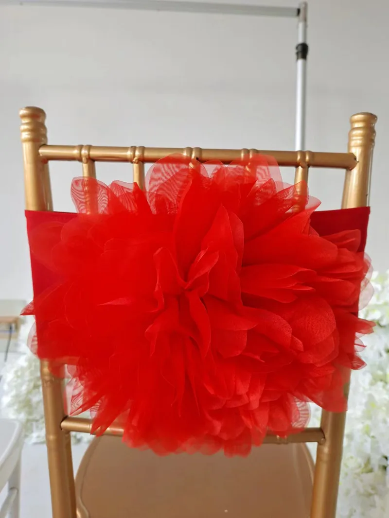 

16pcs Red Spandex Chair Band Sashes With Organza Flower For Wedding Birthday Party Decoration