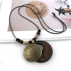 Vintage Wooden Pendant Necklace with Ethnic Chain and Clock Accent (5)