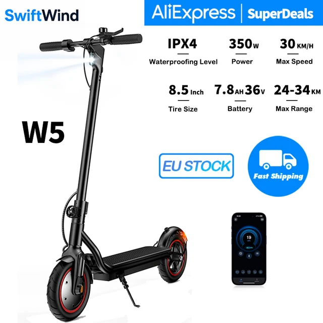 Trottinette électrique W5, moteur 350W, batterie 36V7.8Ah, vitesse maximale 30 km/h, autonomie 34 km, double freinage, pneus gonflables, connexion APP 1